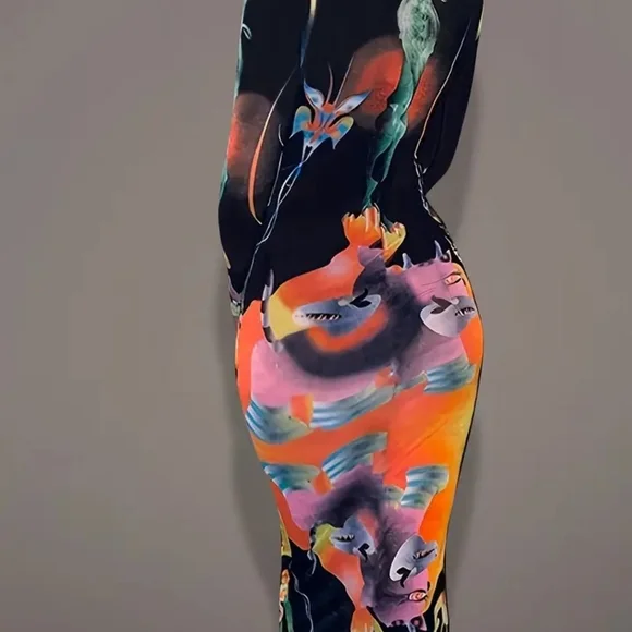 Colorful Abstract Print Long Sleeve Maxi Dress - Picture 3 of 6